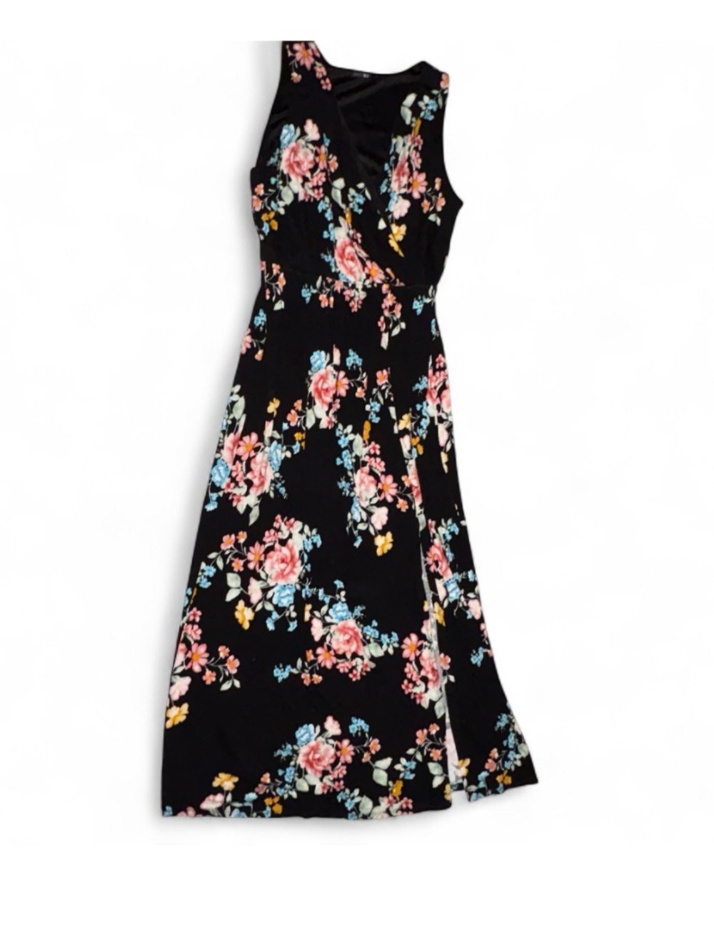 Papermoon Black Floral Wrap Maxi Dress with Pink, Blue & Yellow Blooms